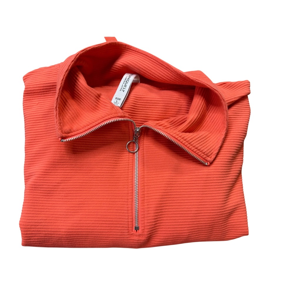 Lorna Jane Pullover Women Large Orange Excellent Ribbed Quarter Zip Cropped Top